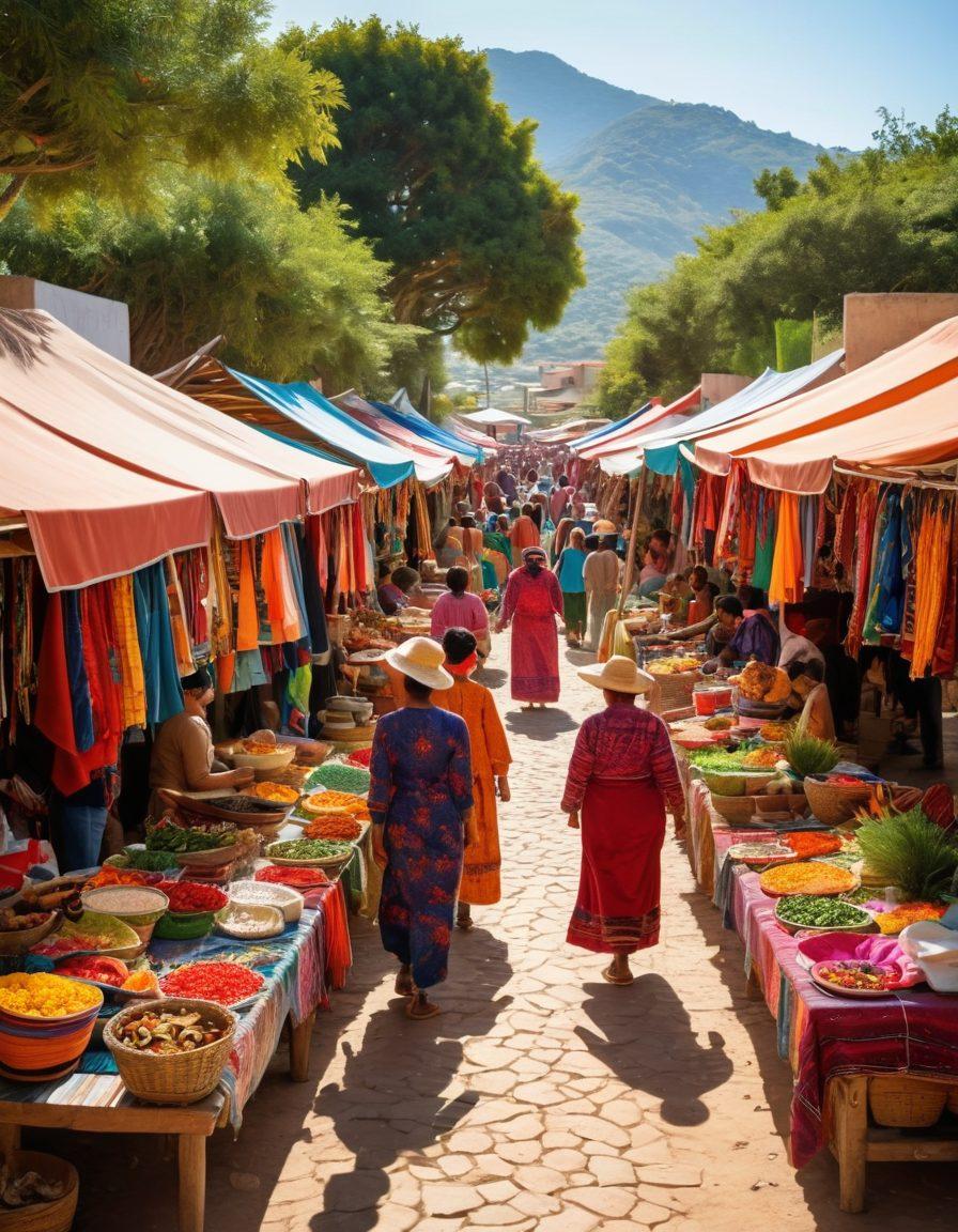 A vibrant market scene in Soputas showcasing colorful textiles, smiling locals, and traditional food stalls under a bright sun. Capture the joy of community with people engaging in cultural festivities, surrounded by lush greenery and local crafts. The atmosphere should feel lively and inviting, with an emphasis on happiness and togetherness. super-realistic. vibrant colors. bright sunlight.