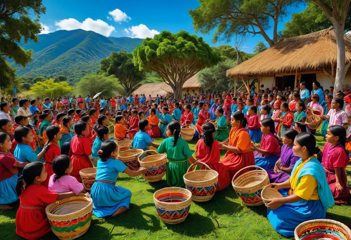 A vibrant portrayal of the Soputas culture showcasing traditional attire, intricate woven baskets, and colorful local ceremonies, with lush green landscapes in the backdrop. Add a joyful crowd celebrating under a bright blue sky, featuring traditional music instruments and playful children. Emphasize rich textures and warm tones to evoke a sense of community and heritage. super-realistic. vibrant colors. rich textures.