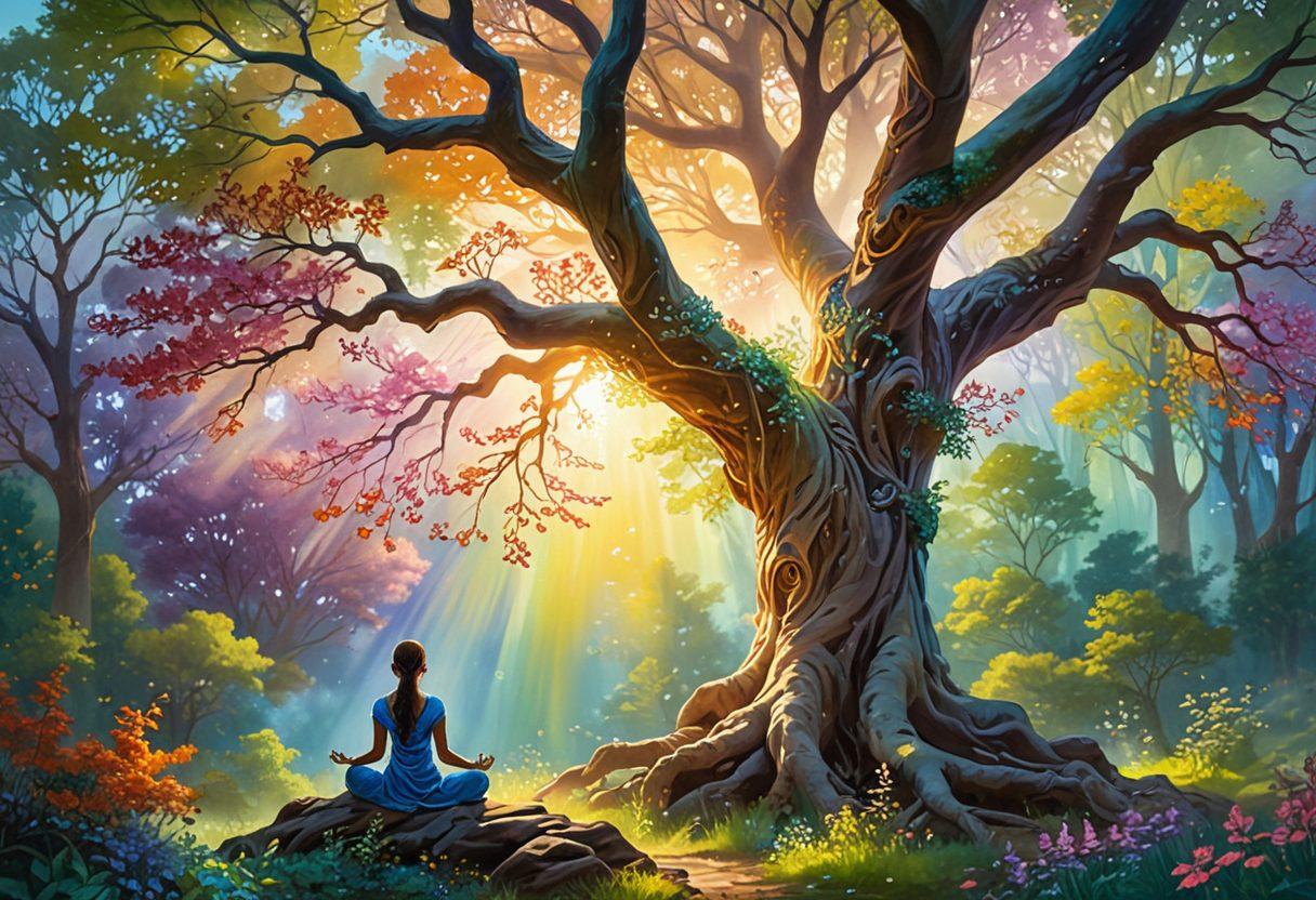 A serene forest scene depicting a person meditating under a sprawling ancient tree, surrounded by vibrant flowers and glowing fireflies symbolizing joy. Sunlight filters through the leaves, creating a magical aura. In the background, gentle hills offer a sense of tranquility and peace. The colors are bright and uplifting, reflecting an ethereal quality of happiness. surreal painting. vibrant colors.